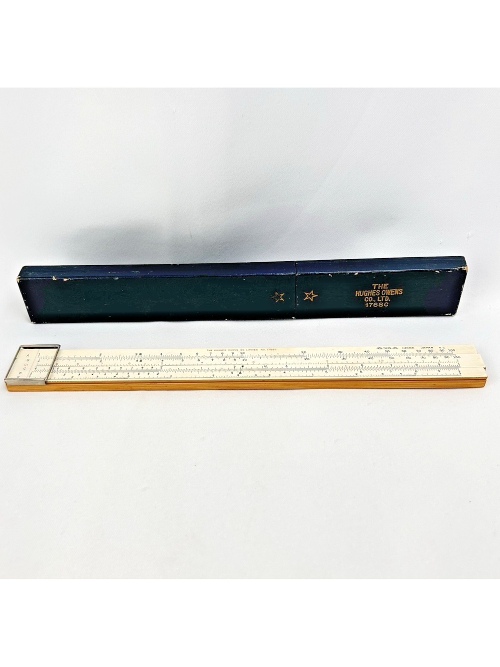Vintage Hughes Owens Bamboo? Slide Rule 1768C with Case Made in Japan